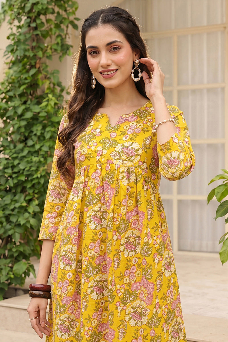 Cotton Blend Yellow Floral Digital Printed Regular Kurta VCK9823