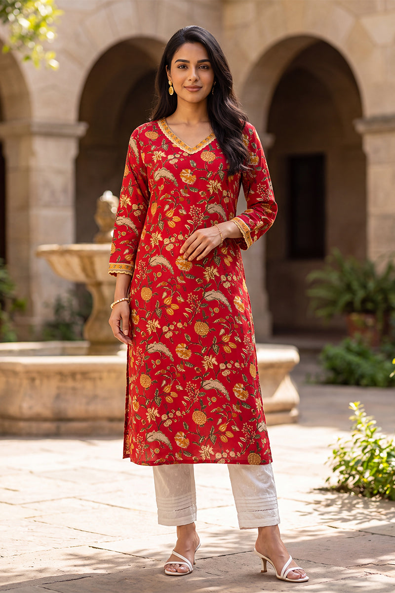 Red Floral Printed Cotton Kurta VCK9832