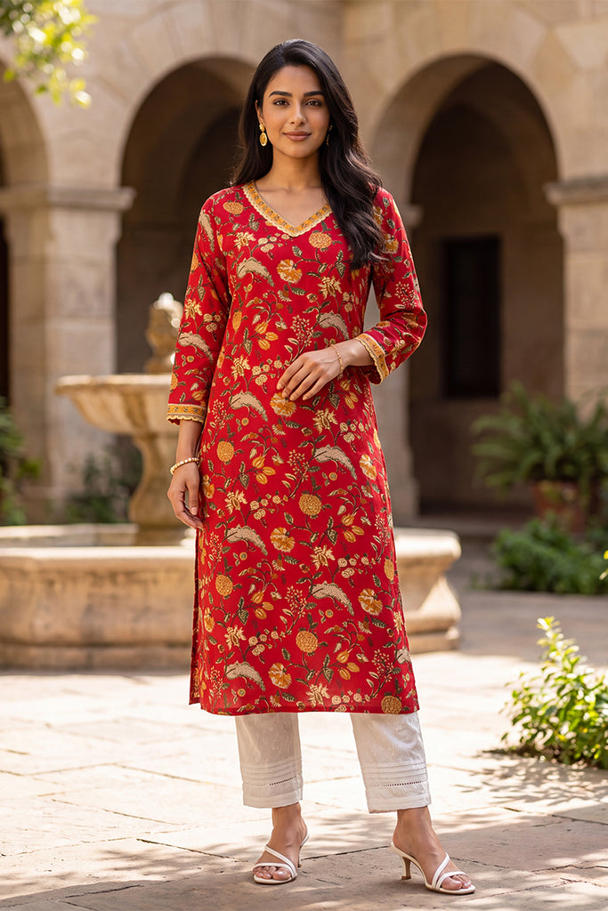 Red Floral Printed Cotton Kurta VCK9832