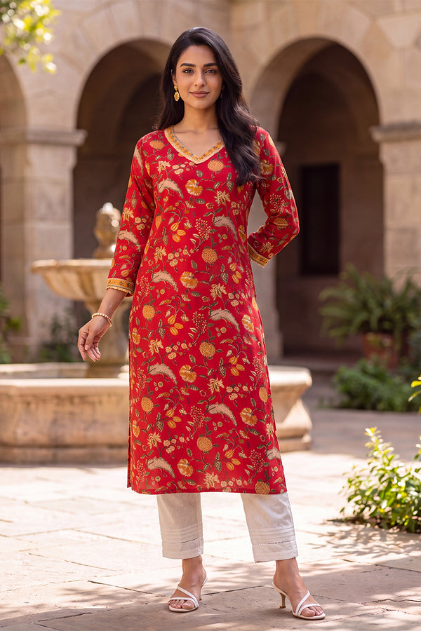 Red Floral Printed Cotton Kurta VCK9832