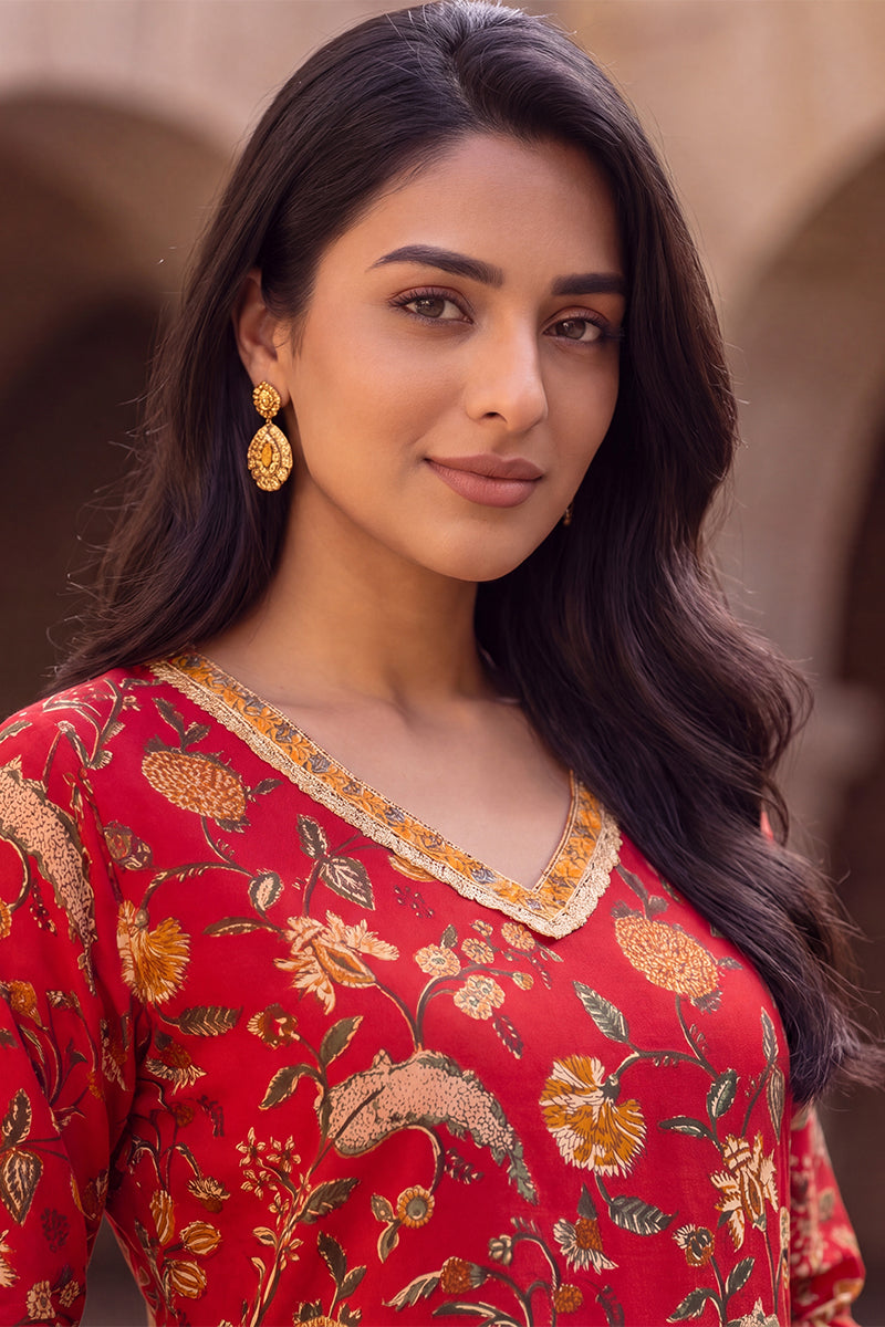Red Floral Printed Cotton Kurta VCK9832