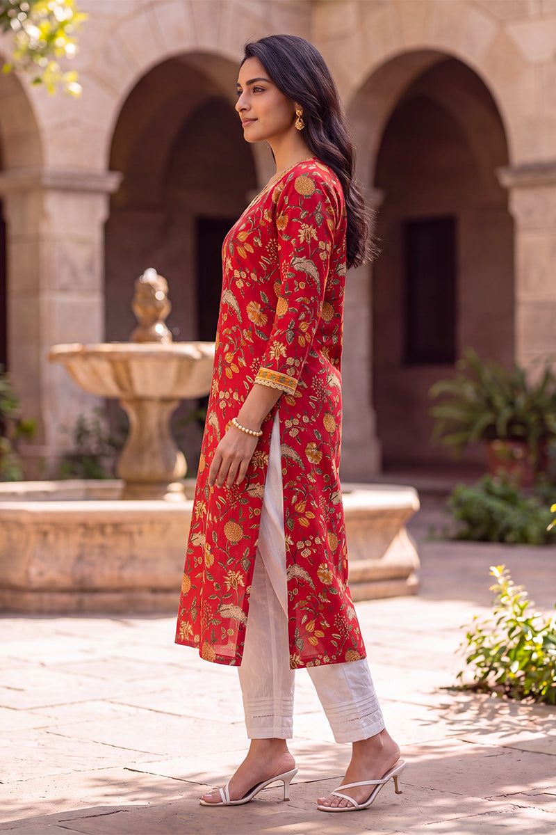 Red Floral Printed Cotton Kurta VCK9832