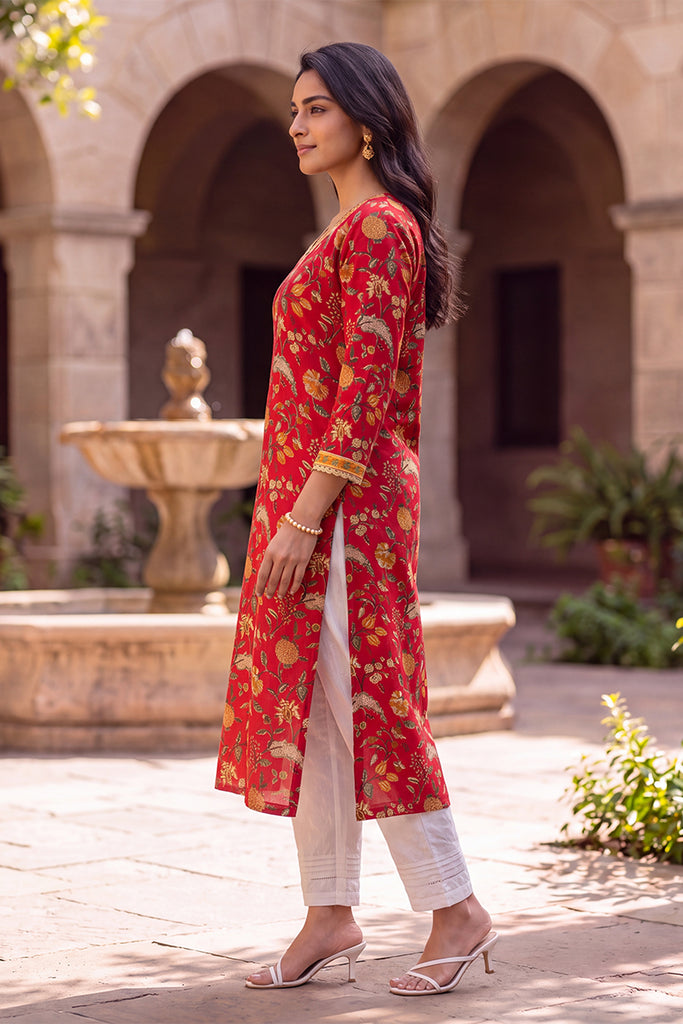 Red Floral Printed Cotton Kurta VCK9832