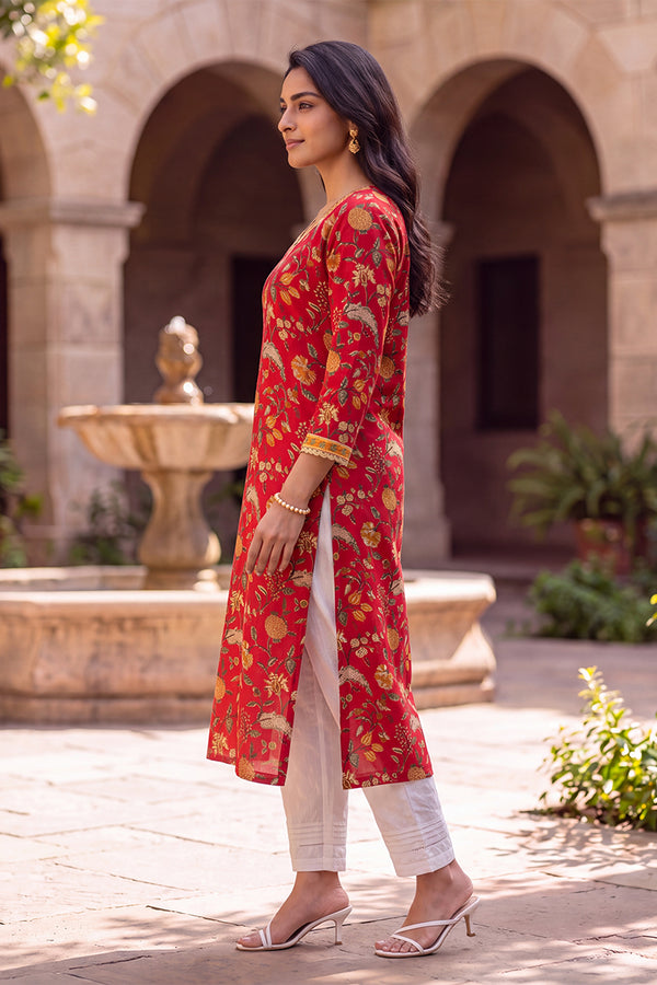 Red Floral Printed Cotton Kurta VCK9832