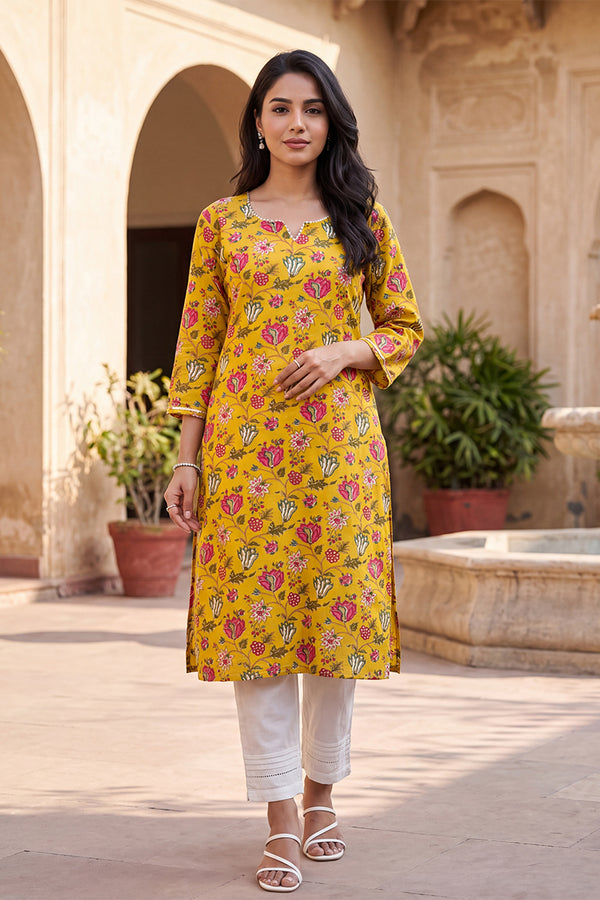 Yellow Floral Printed Rayon Kurta VCK9833