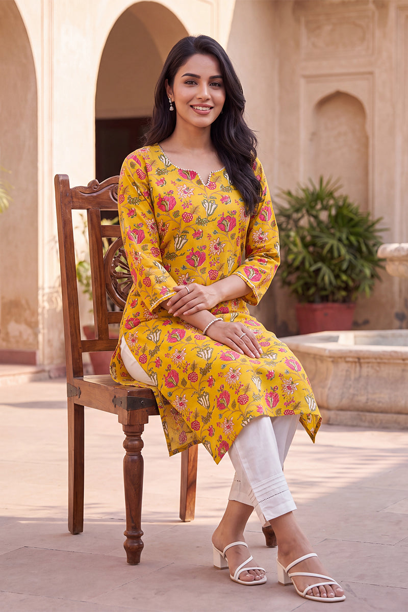 Yellow Floral Printed Rayon Kurta VCK9833