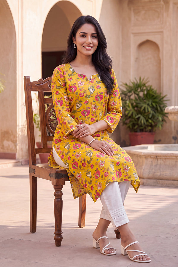 Yellow Floral Printed Rayon Kurta VCK9833