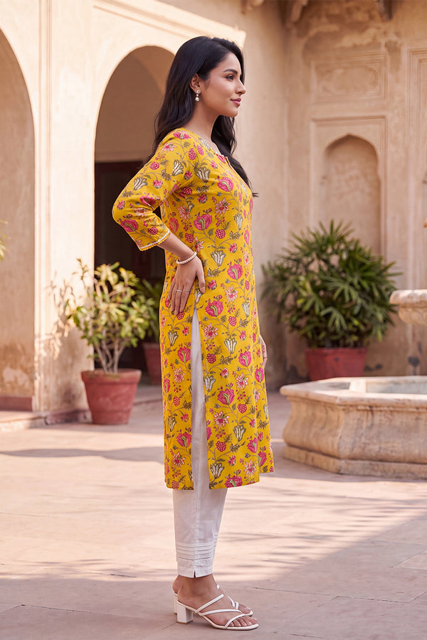 Yellow Floral Printed Rayon Kurta VCK9833