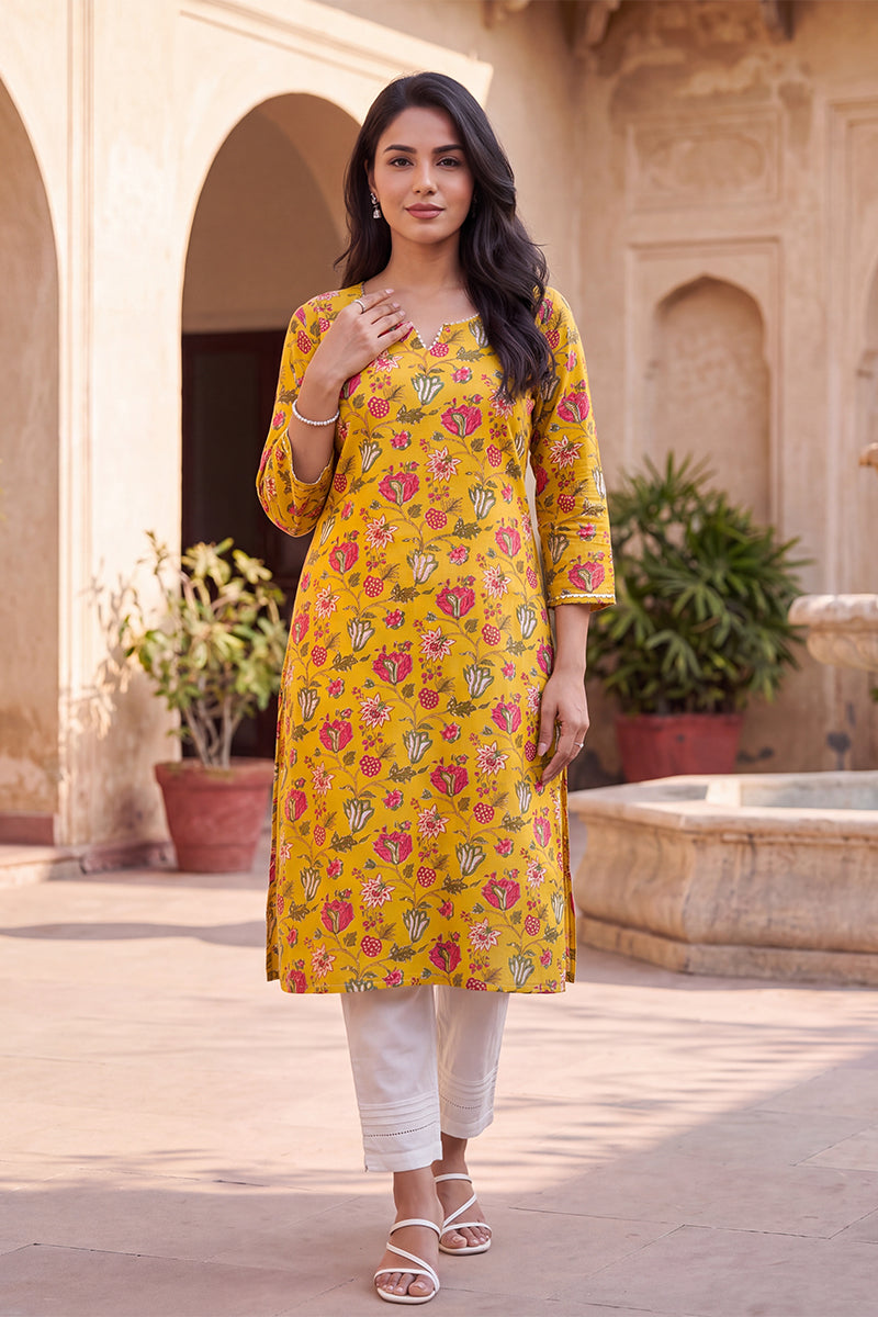 Yellow Floral Printed Rayon Kurta VCK9833
