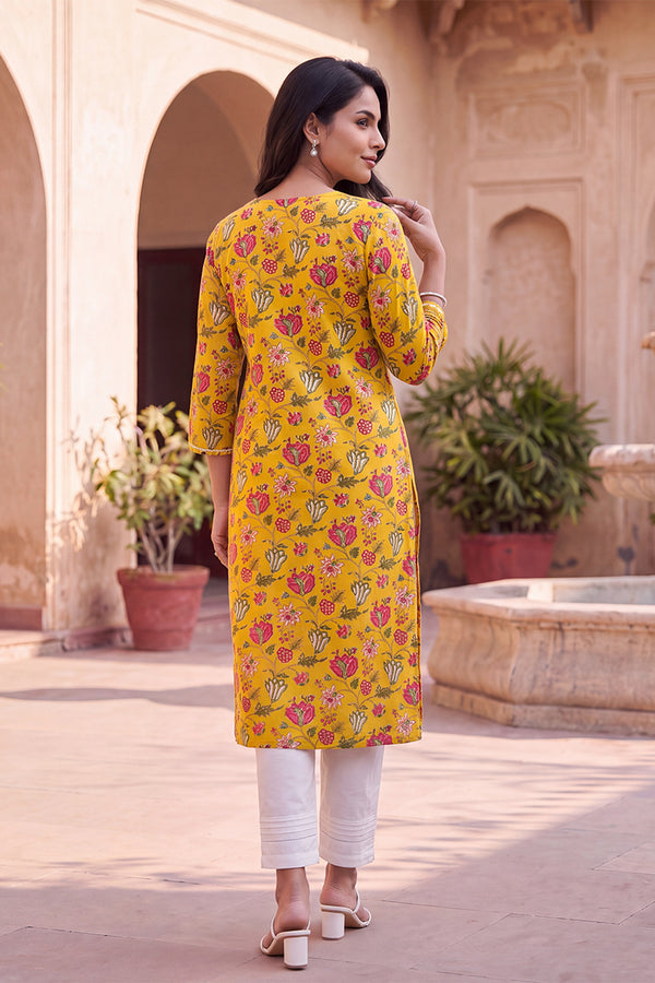 Yellow Floral Printed Rayon Kurta VCK9833