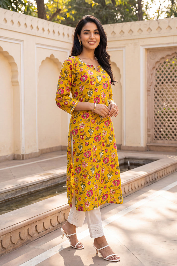 Yellow Floral Printed Rayon Kurta VCK9833