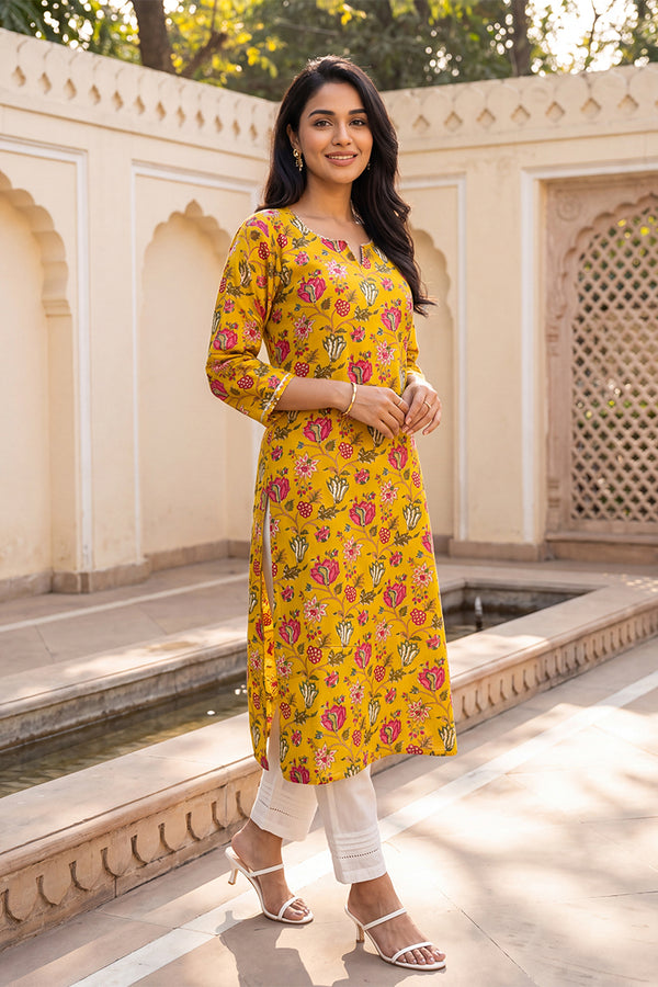 Yellow Floral Printed Rayon Kurta VCK9833