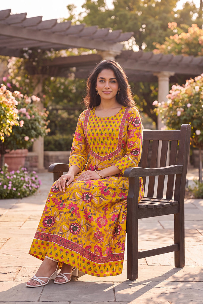 Yellow Floral Printed Cotton Blend Kurta VCK9835