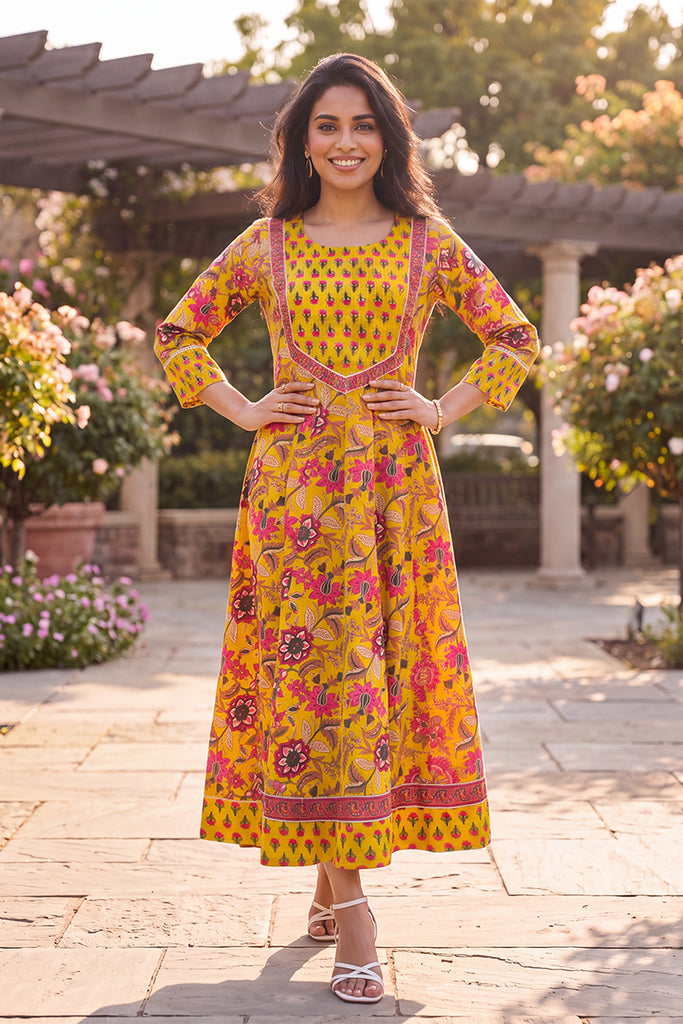 Yellow Floral Printed Cotton Blend Kurta VCK9835