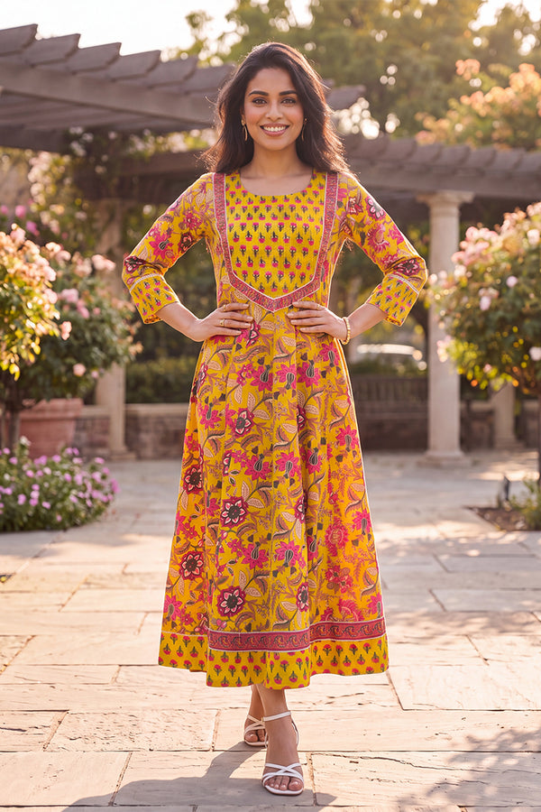 Yellow Floral Printed Cotton Blend Kurta VCK9835