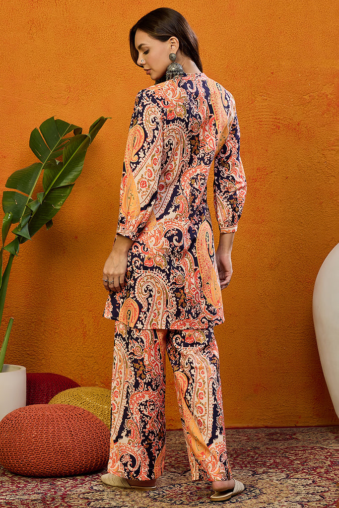 Orange Rayon Blend Paisley Printed Straight Co-ords Sets VCORD1031