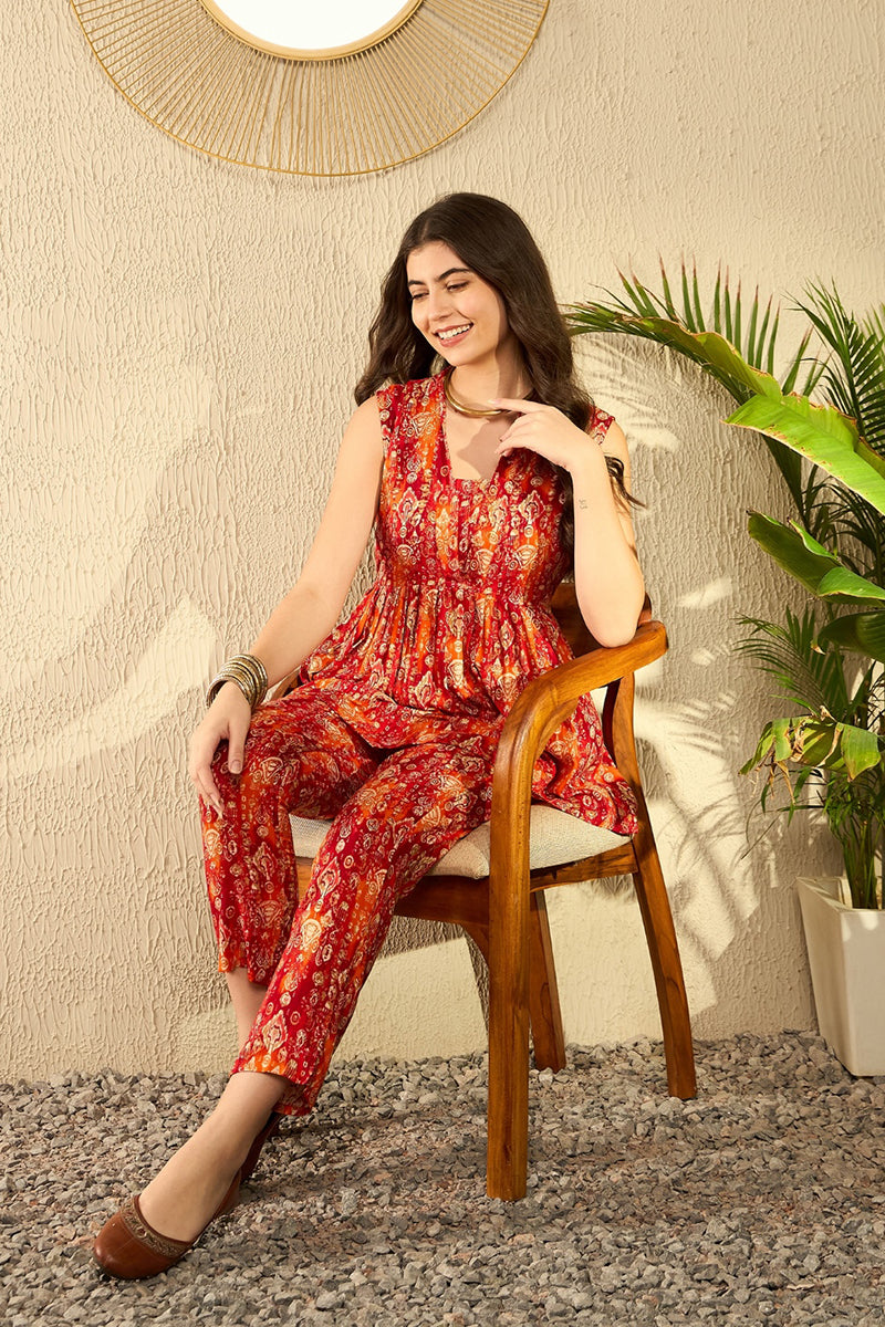 Orange Rayon Blend Ikkat Printed Co-ord Sets VCORD1038