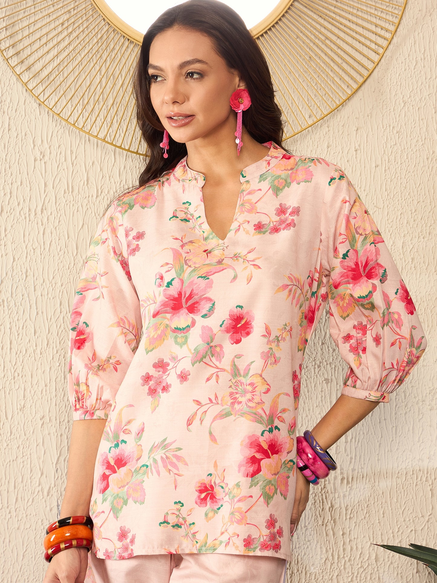 Cream Rayon Blend Floral Printed Co-ord Set VCORD1079