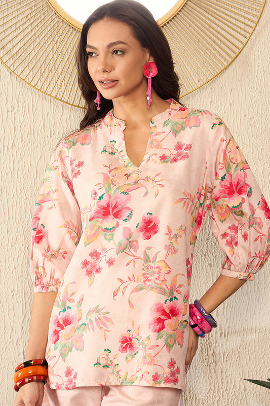 Cream Rayon Blend Floral Printed Co-ord Set VCORD1079