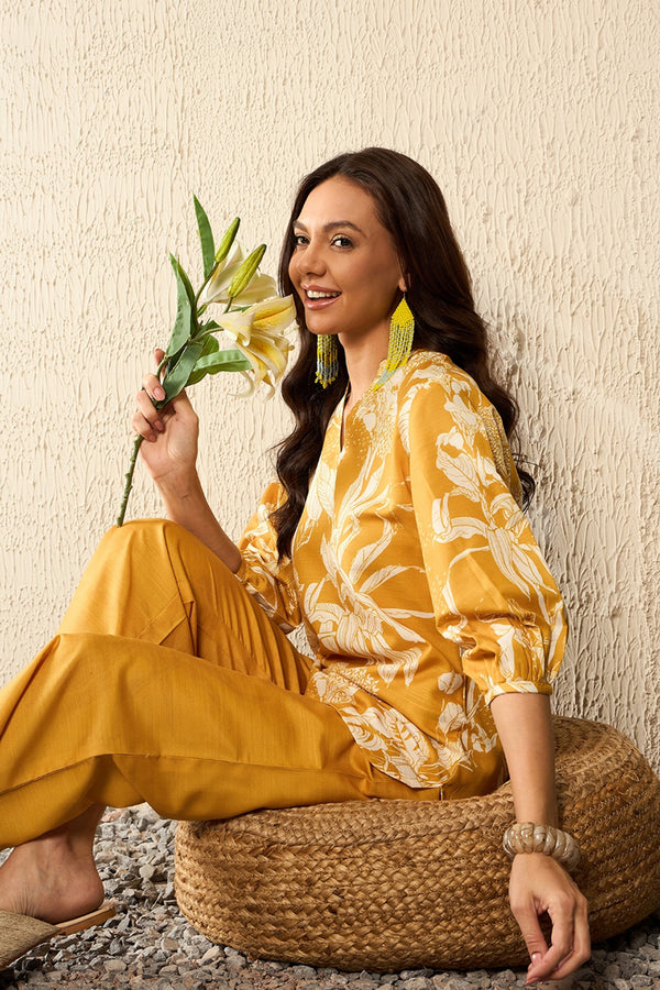 Mustard Rayon Blend Floral Printed Co-ord Set VCORD1083