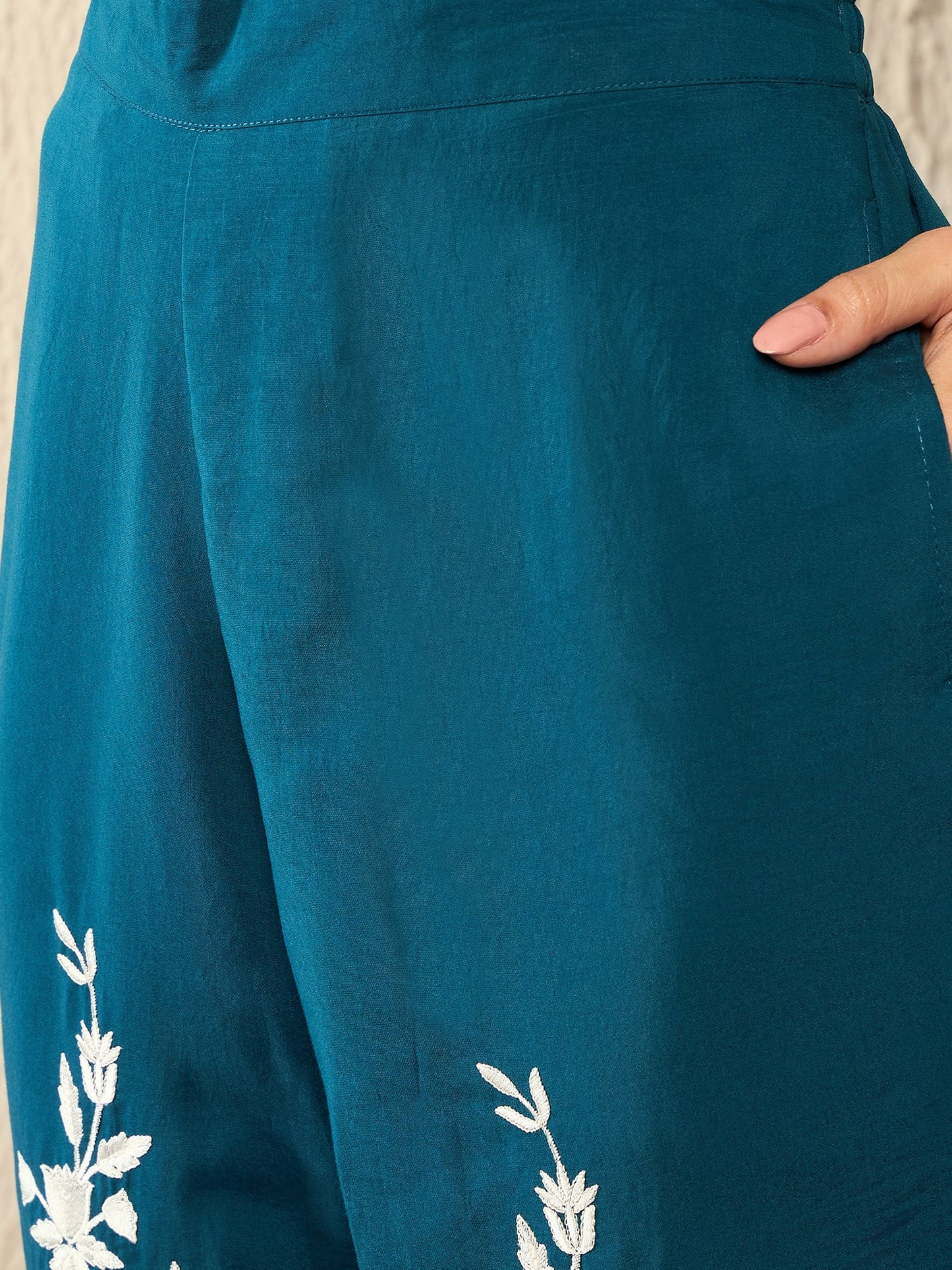Blue Silk Blend Solid Embroidered A-Line Co-Ord Set VCORD1089