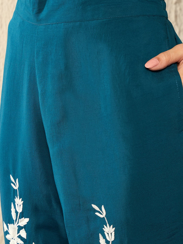 Blue Silk Blend Solid Embroidered A-Line Co-Ord Set VCORD1089