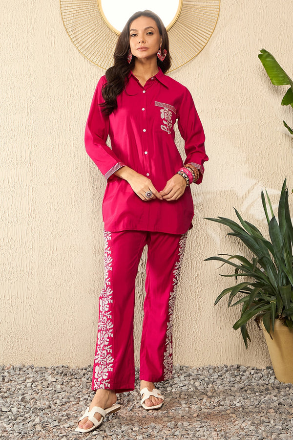 Pink Silk Blend Solid Embroidered Regular Coord Sets VCORD1096