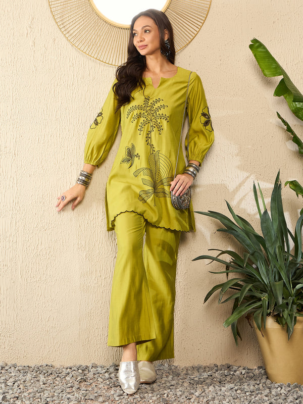 Green Silk Blend Embroidered Solid Co-ord Set VCORD1102