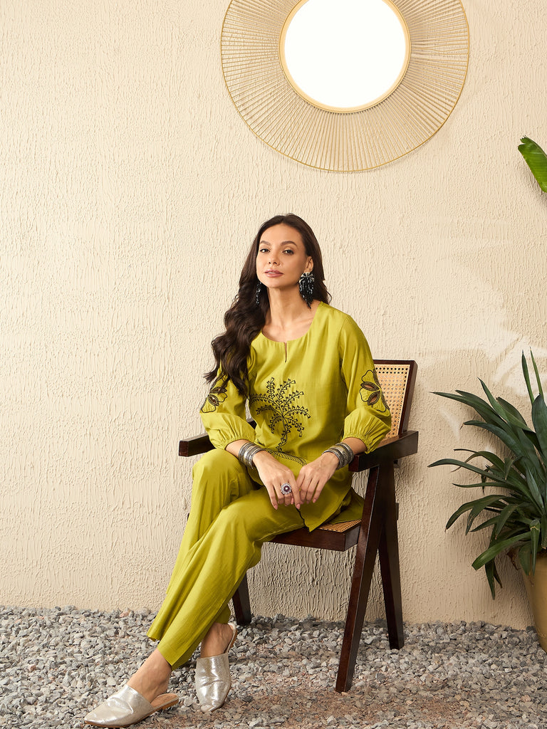 Green Silk Blend Embroidered Solid Co-ord Set VCORD1102