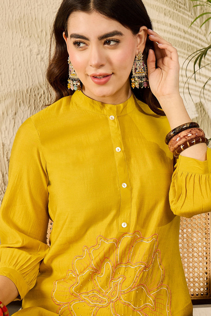 Mustard Silk Blend Solid Embroidered Regular Coord Sets SETVCORD1104 (M To 3XL Set)