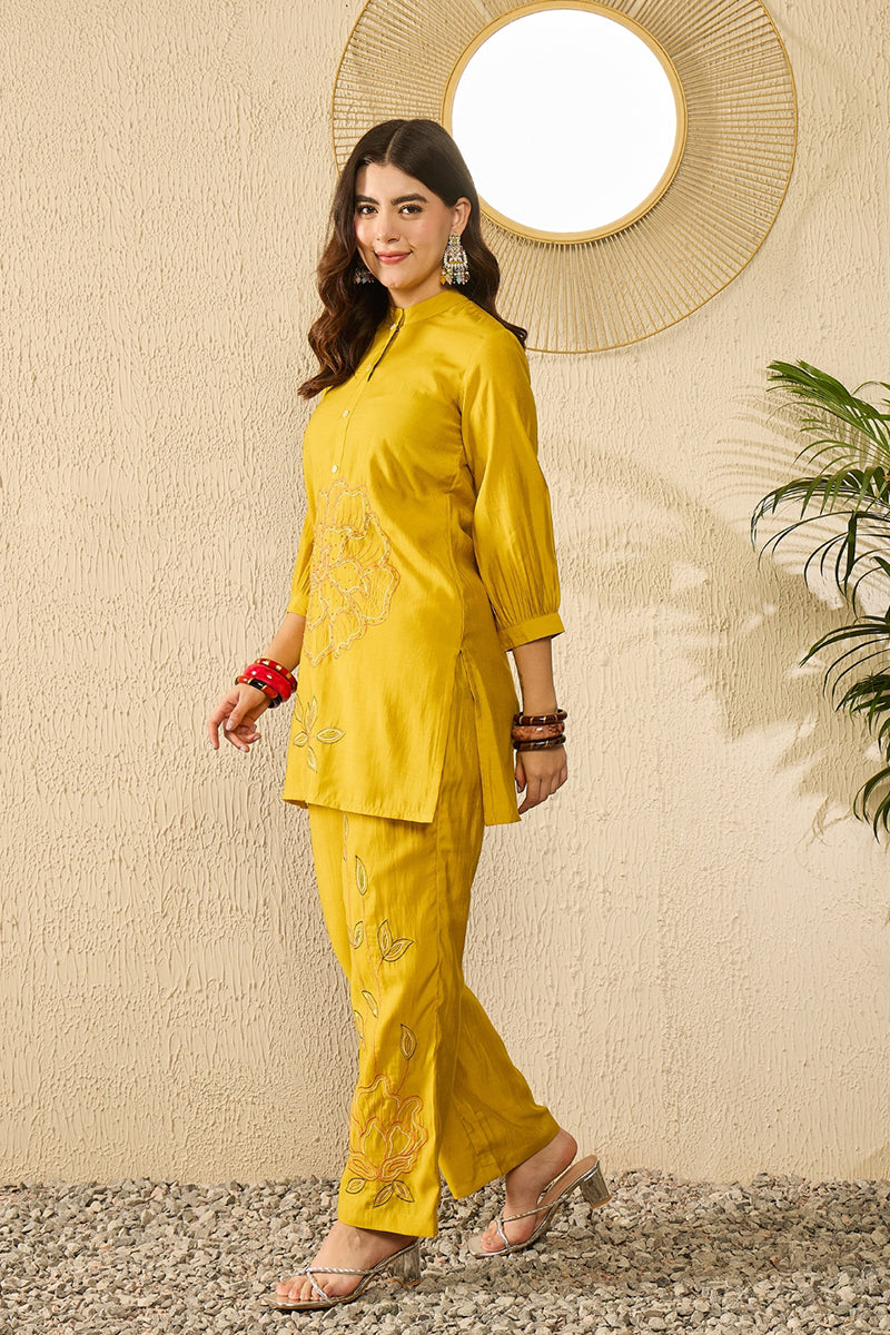 Mustard Silk Blend Solid Embroidered Regular Coord Sets VCORD1104