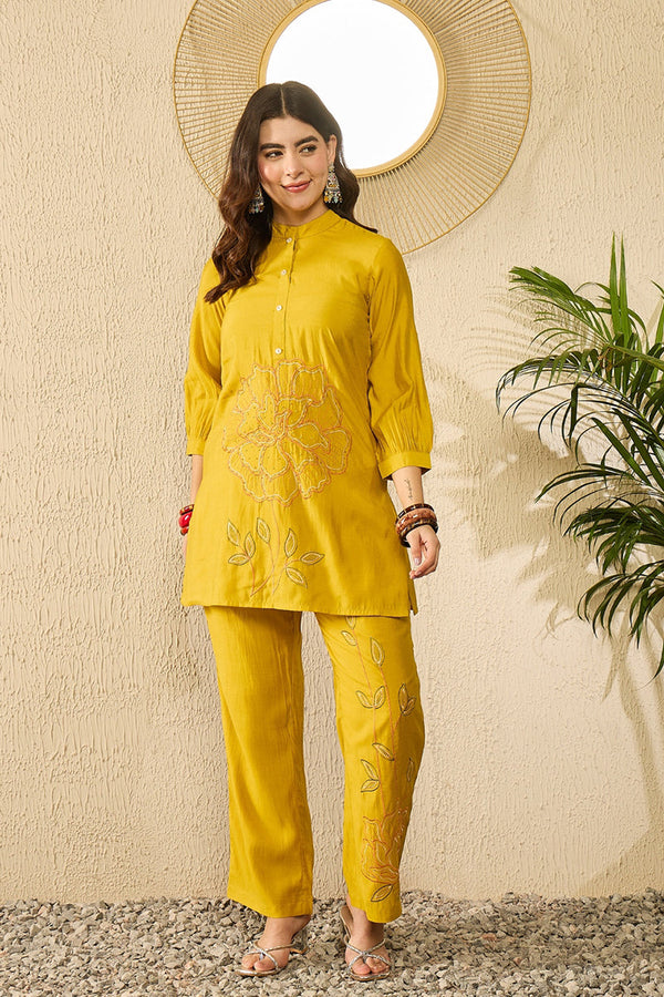 Mustard Silk Blend Solid Embroidered Regular Coord Sets SETVCORD1104 (M To 3XL Set)