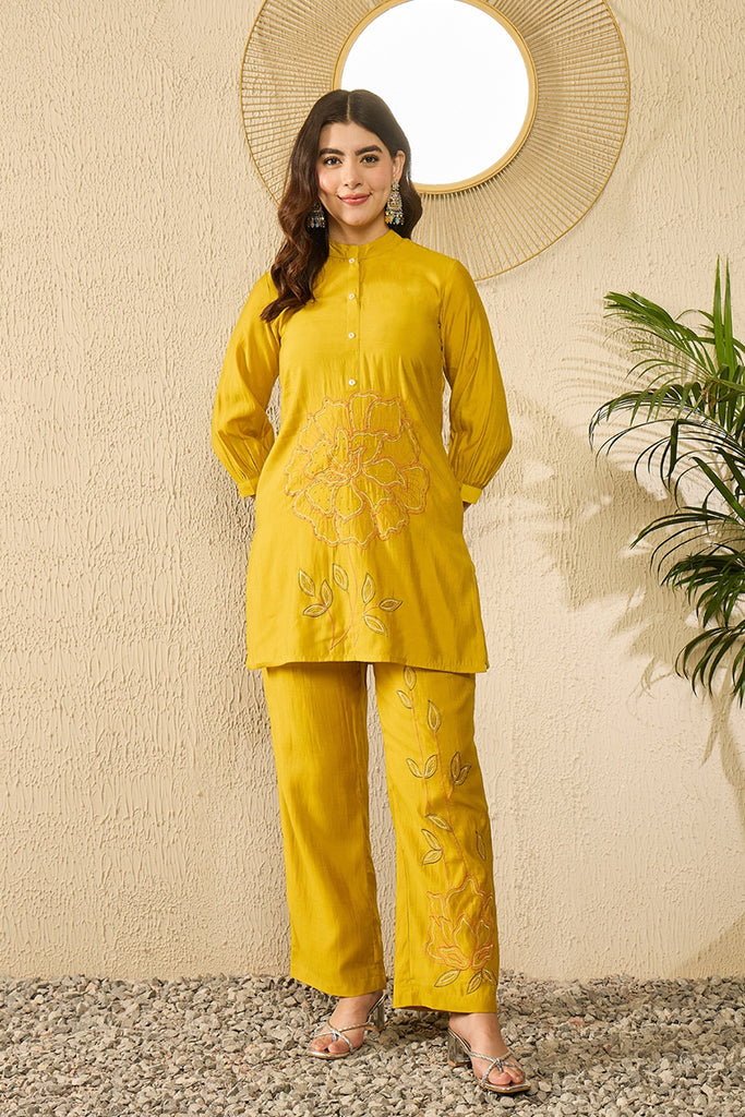 Mustard Silk Blend Solid Embroidered Regular Coord Sets VCORD1104