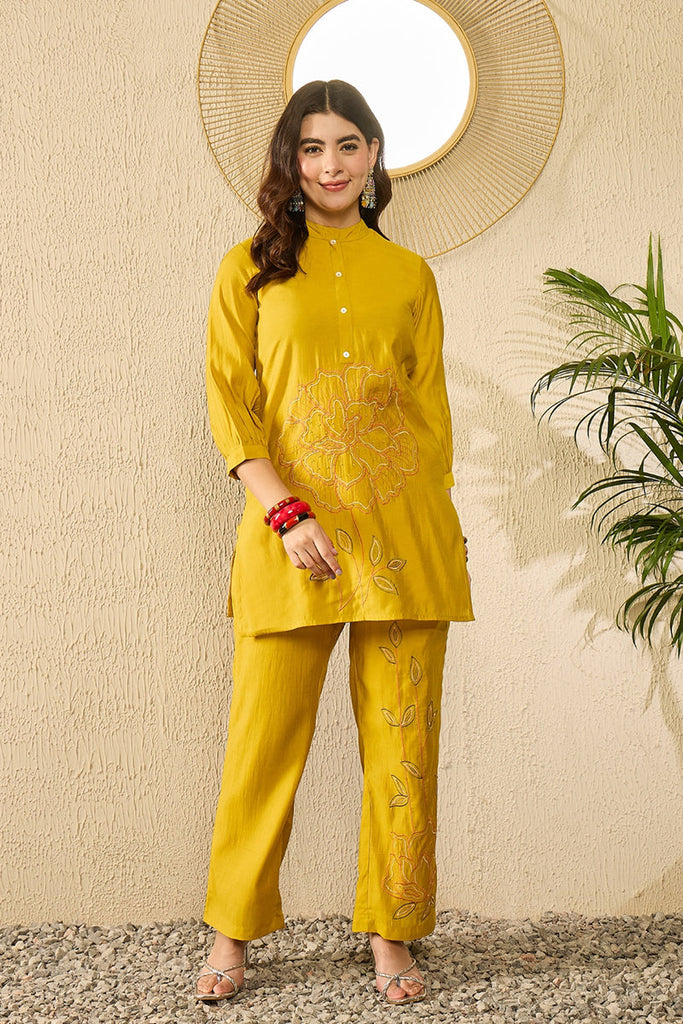 Mustard Silk Blend Solid Embroidered Regular Coord Sets SETVCORD1104 (M To 3XL Set)