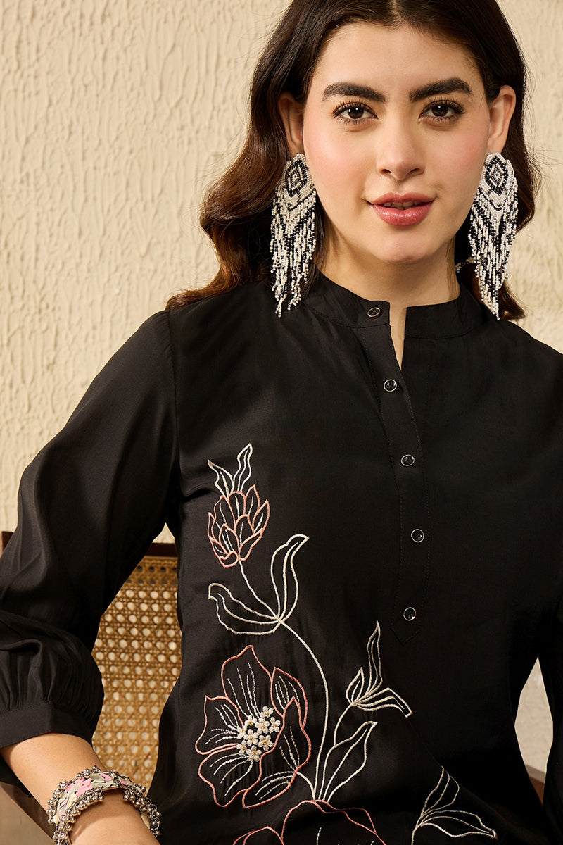 Black Silk Blend Solid Embroidered Coord Sets VCORD1113