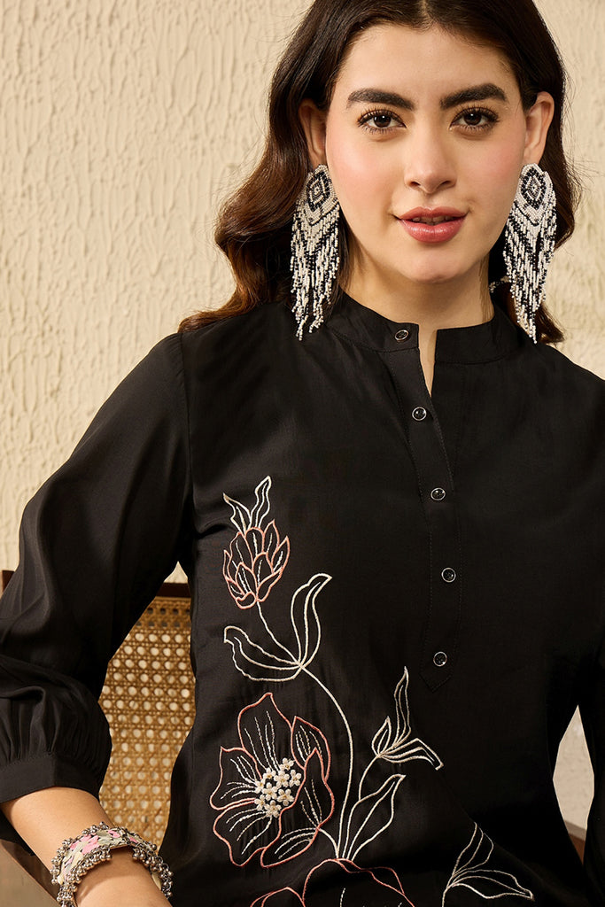Black Silk Blend Solid Embroidered Coord Sets VCORD1113