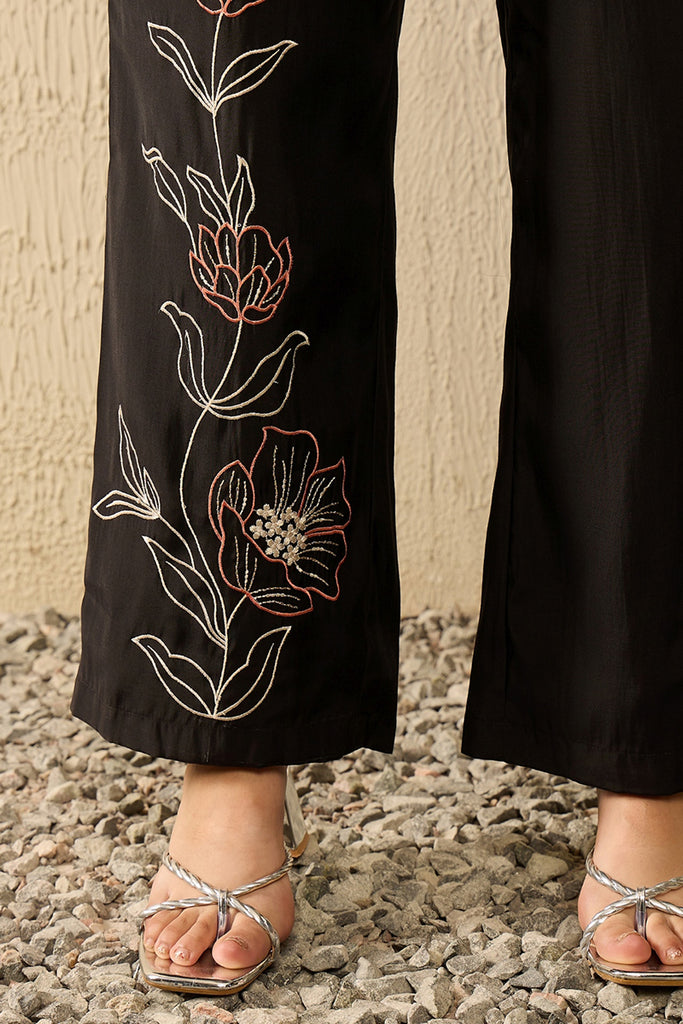 Black Silk Blend Solid Embroidered Coord Sets VCORD1113