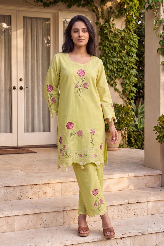 Green Silk Blend Embroidered Solid Top With Palazzos Co-Ords VCORD1131