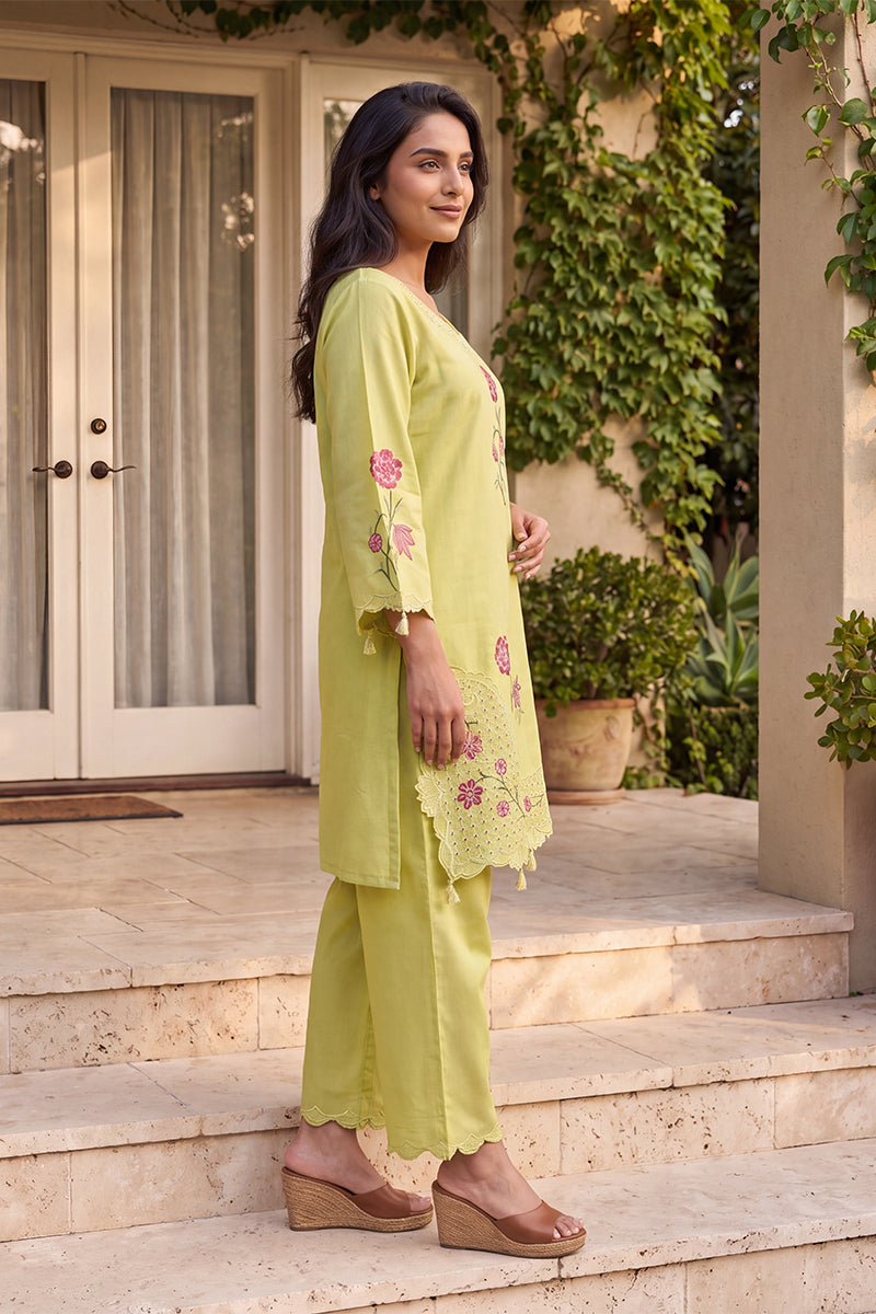 Green Silk Blend Embroidered Solid Top With Palazzos Co-Ords VCORD1131