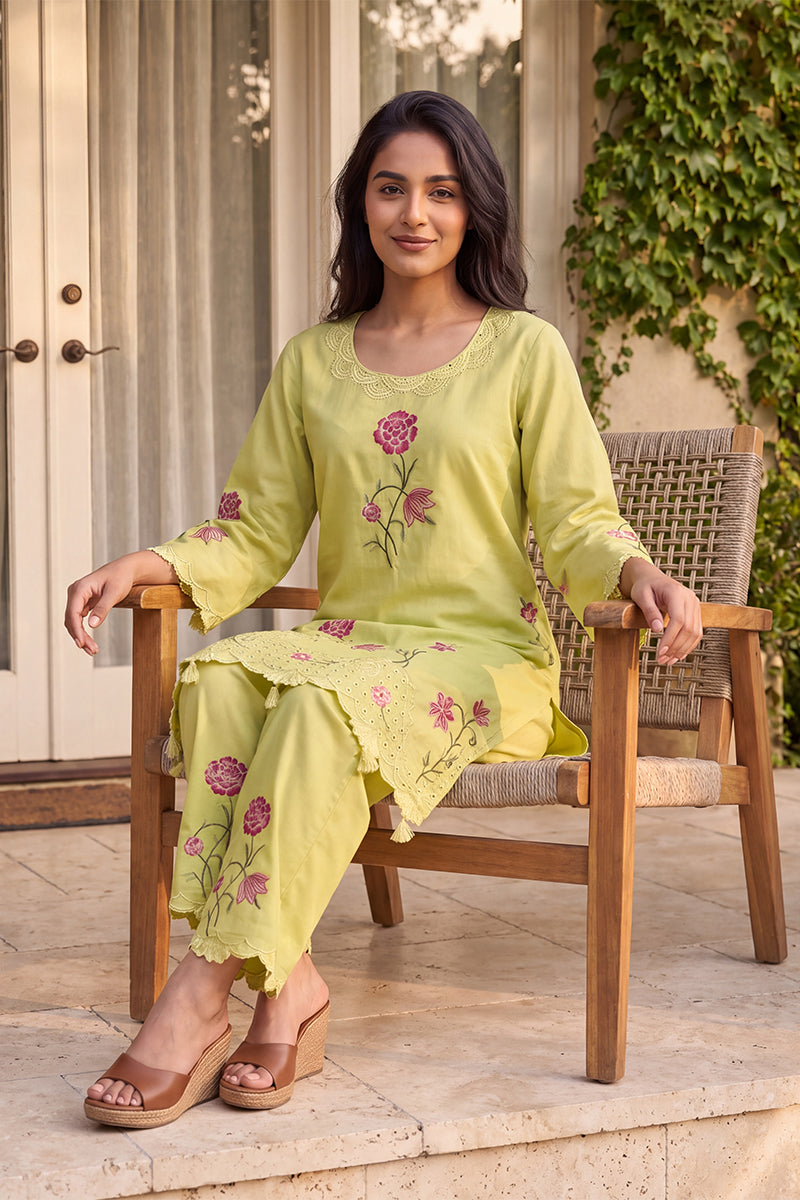 Green Silk Blend Embroidered Solid Top With Palazzos Co-Ords VCORD1131