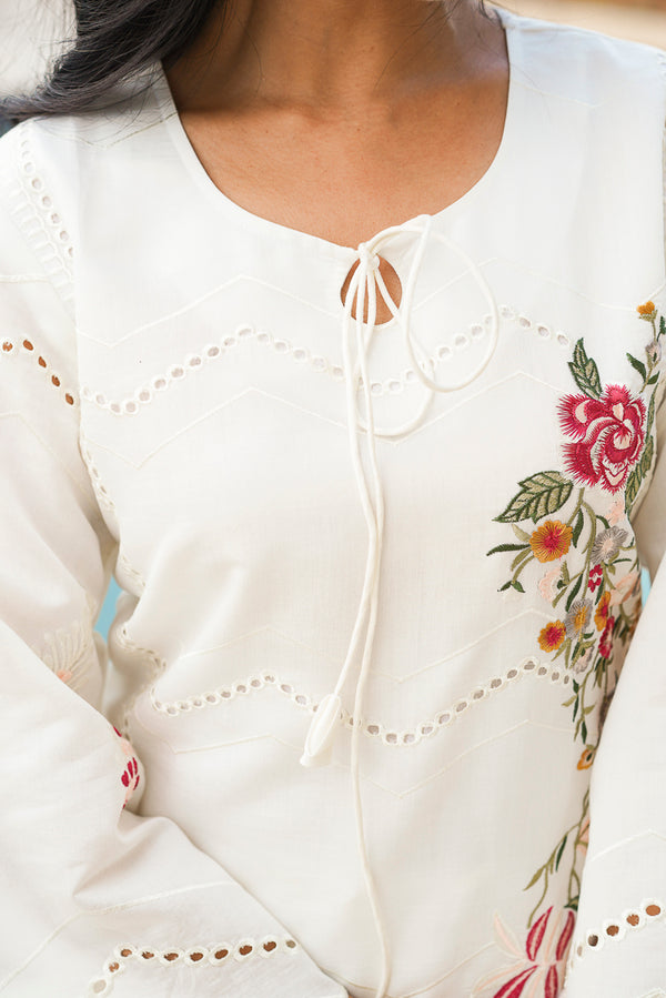 White Silk Blend Solid Embroidered Coord Sets VCORD1132