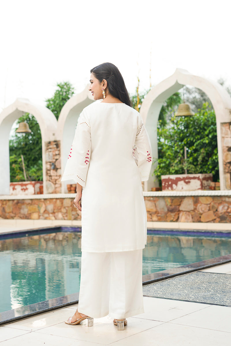 White Silk Blend Solid Embroidered Coord Sets VCORD1132