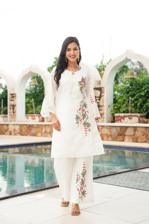 White Silk Blend Solid Embroidered Coord Sets VCORD1132
