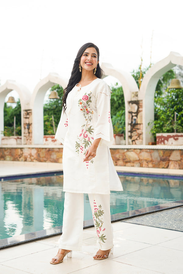 White Silk Blend Solid Embroidered Coord Sets VCORD1132