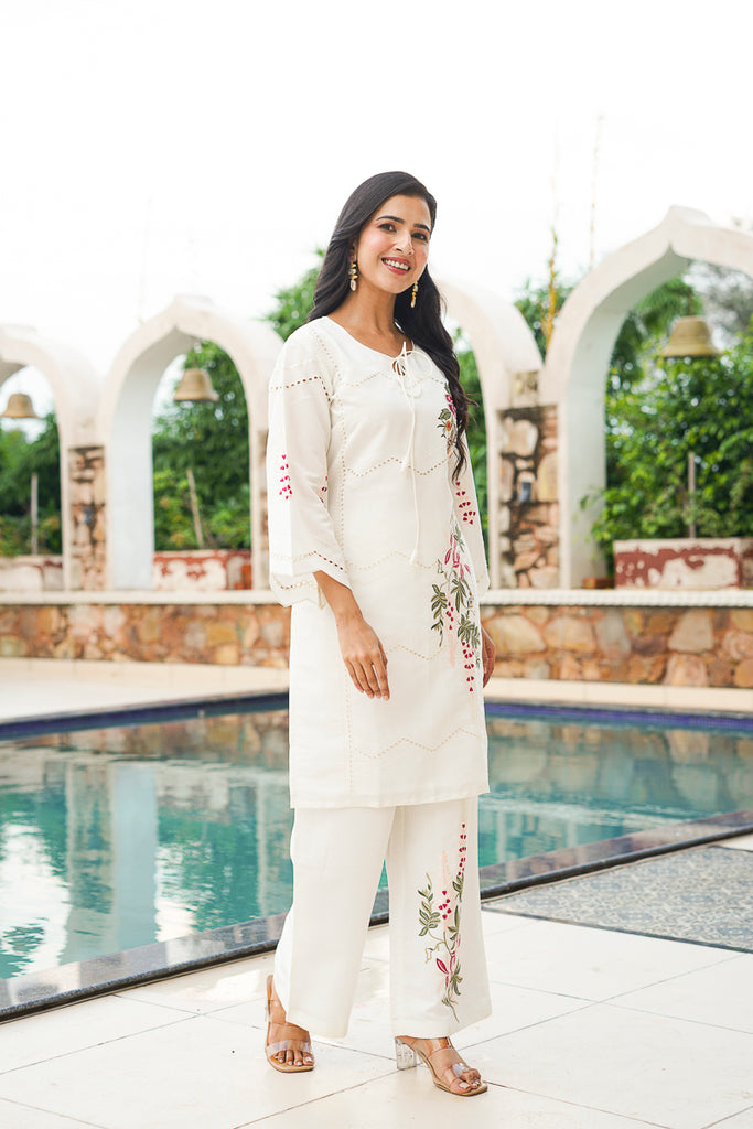 White Silk Blend Solid Embroidered Coord Sets VCORD1132