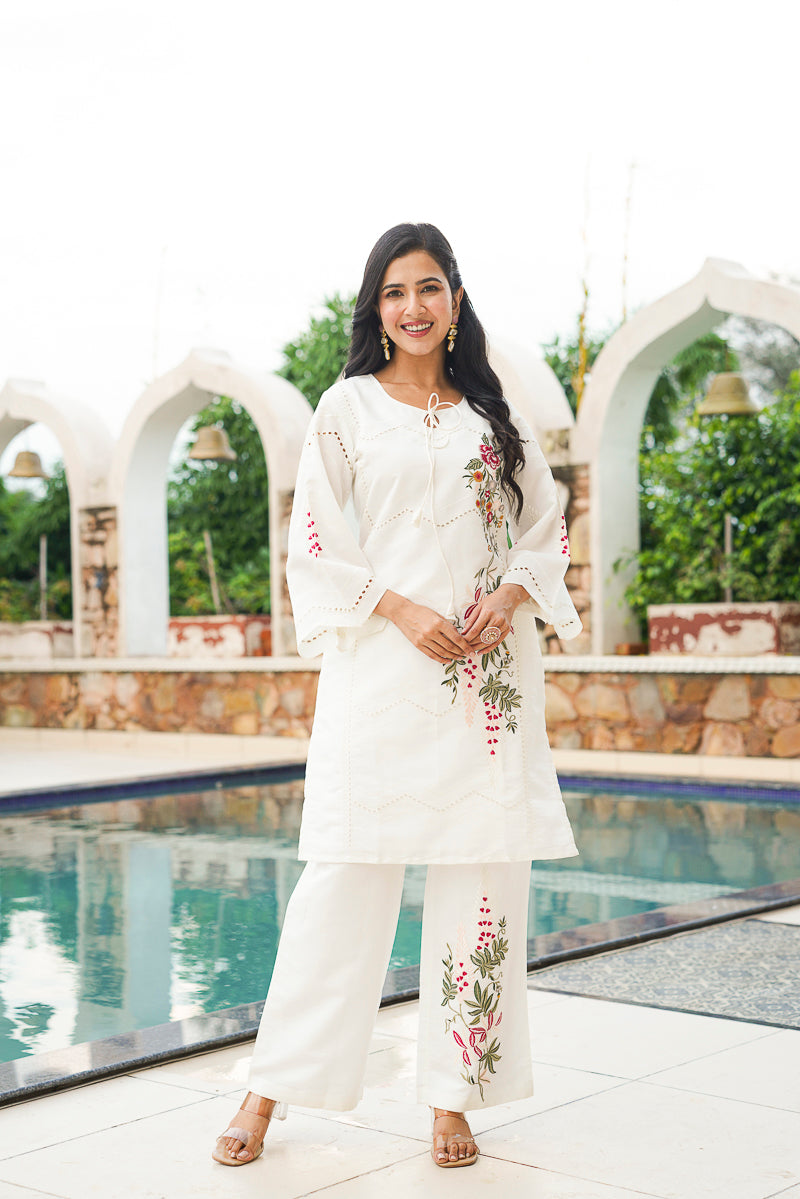 White Silk Blend Solid Embroidered Coord Sets VCORD1132