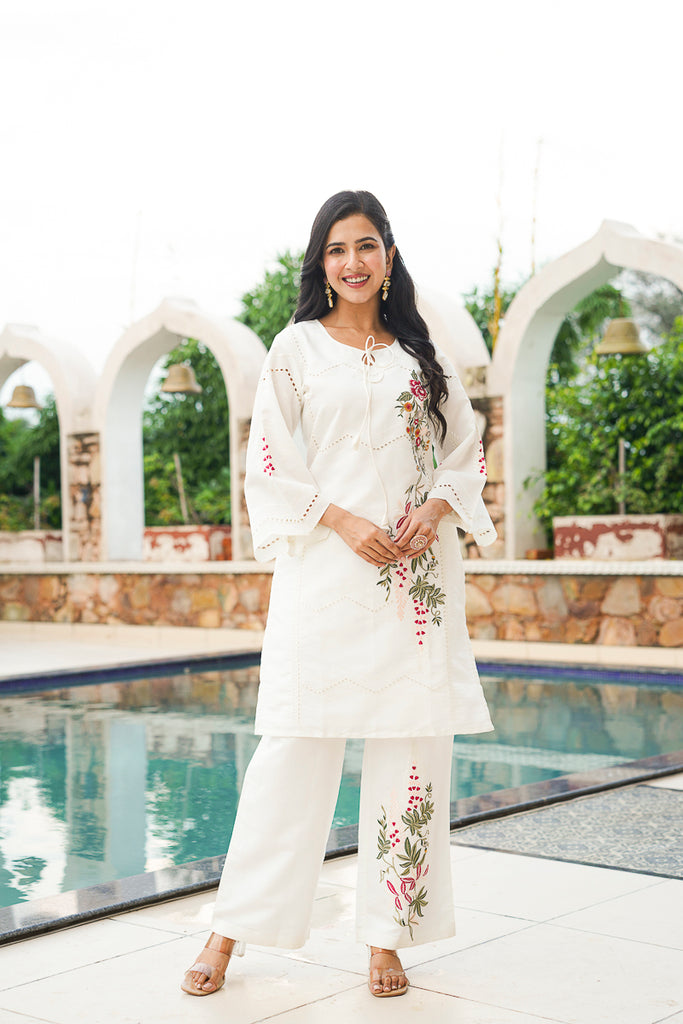 White Silk Blend Solid Embroidered Coord Sets VCORD1132
