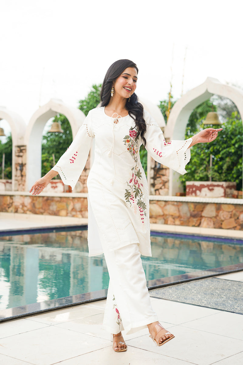 White Silk Blend Solid Embroidered Coord Sets VCORD1132