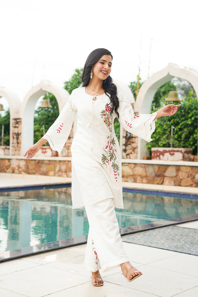 White Silk Blend Solid Embroidered Coord Sets VCORD1132