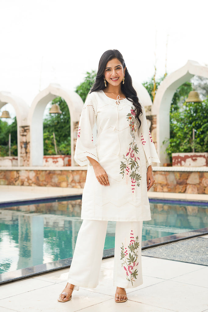 White Silk Blend Solid Embroidered Coord Sets VCORD1132